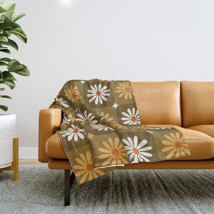 Checkered Daisies - Retro & Olive Throw Blanket Gallery Image 1