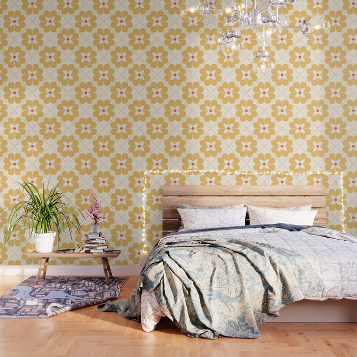 Retro Floral Pattern in Yellow Wallpaper Gallery Image 1