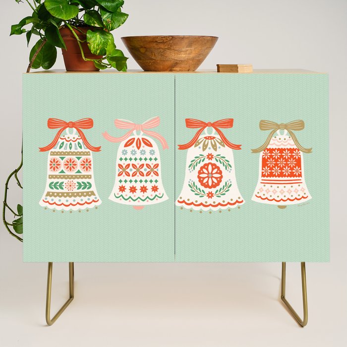 Folk Art Holiday Bells - Light Green Credenza Gallery Image 1