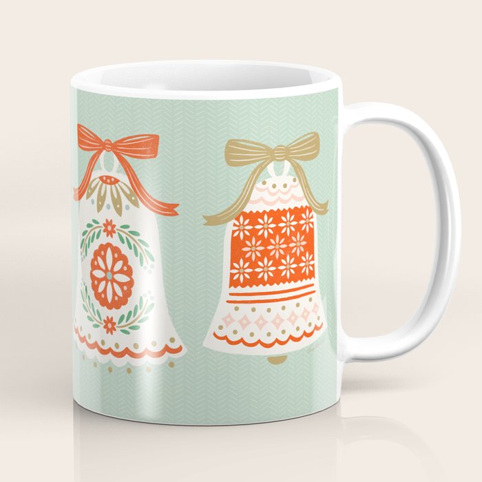 Folk Art Holiday Bells - Light Green Coffee Mug Gallery Image 1
