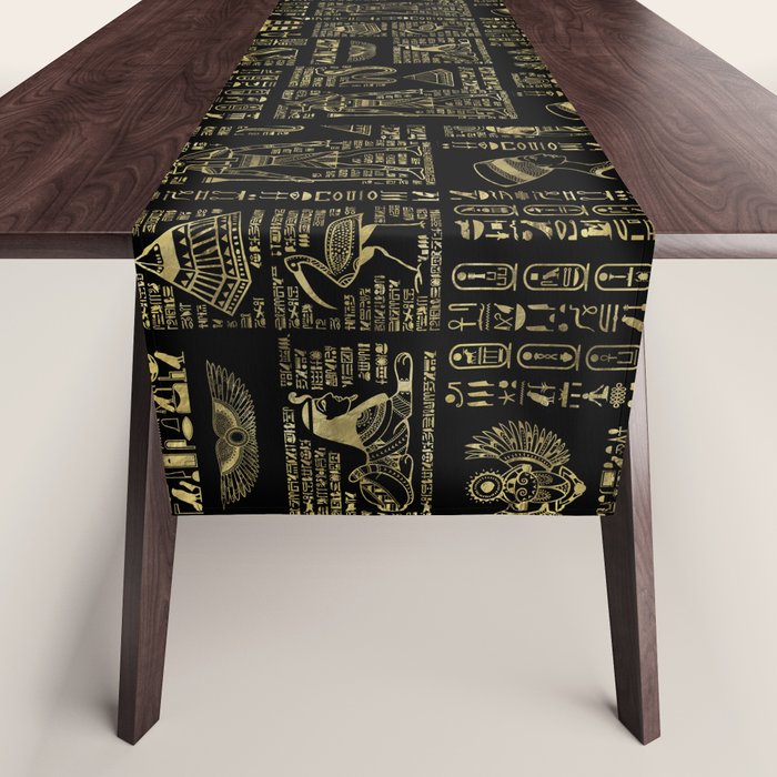 Egyptian hieroglyphs and deities gold on black Table Runner Gallery Image 1