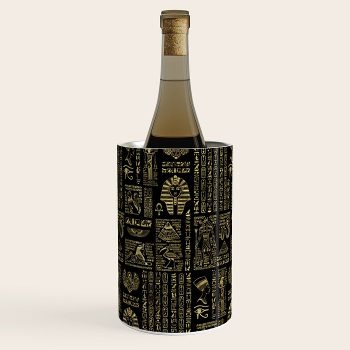 Egyptian hieroglyphs and deities gold on black Wine Chiller Gallery Image 1