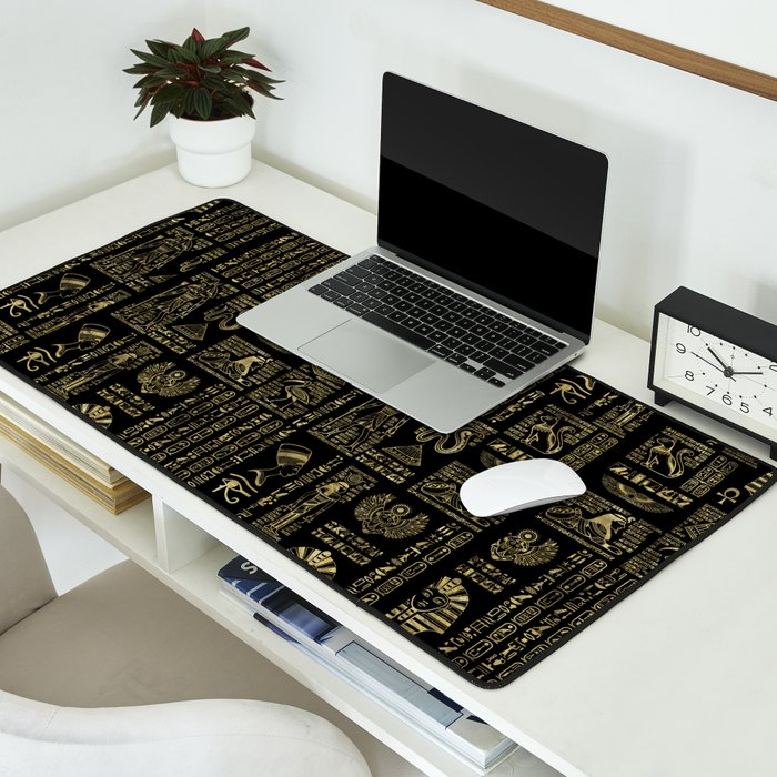 Egyptian hieroglyphs and deities gold on black Desk Mat Gallery Image 2