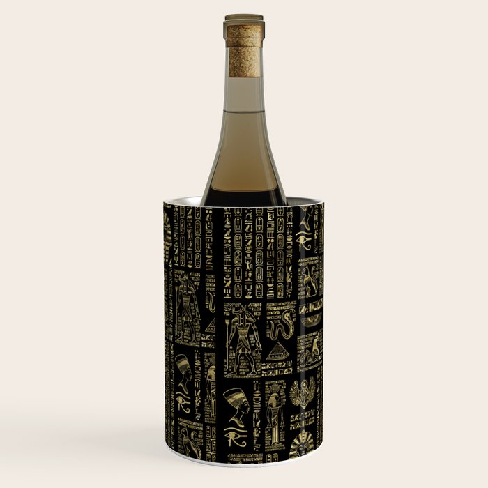 Egyptian hieroglyphs and deities gold on black Wine Chiller Gallery Image 2