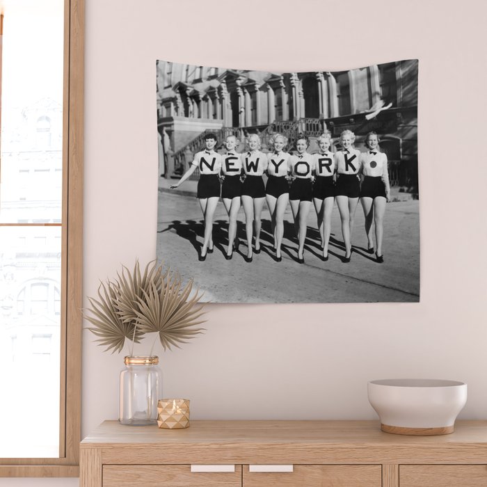 New York Girls in a line, lovely girls on the street - mid century vintage photo Wall Tapestry Gallery Image 2