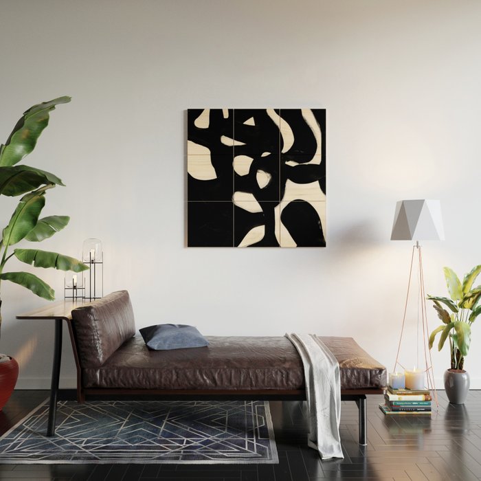 Maze Black & White Minimalist Abstract Mid century Ink Art Dark Brush Strokes Wood Wall Art Gallery Image 2