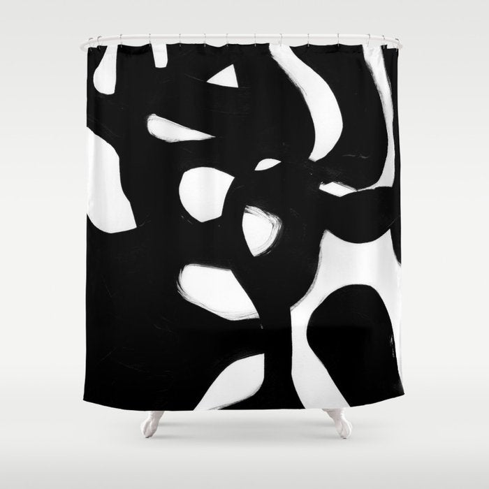 Maze Black & White Minimalist Abstract Mid century Ink Art Dark Brush Strokes Shower Curtain Gallery Image 1