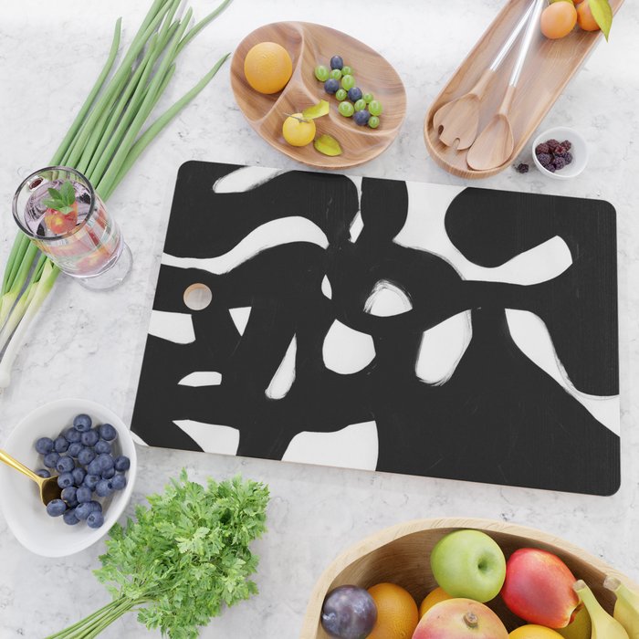 Maze Black & White Minimalist Abstract Mid century Ink Art Dark Brush Strokes Cutting Board Gallery Image 2