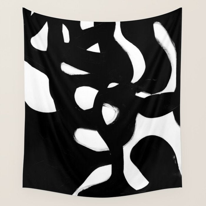 Maze Black & White Minimalist Abstract Mid century Ink Art Dark Brush Strokes Wall Tapestry Gallery Image 1