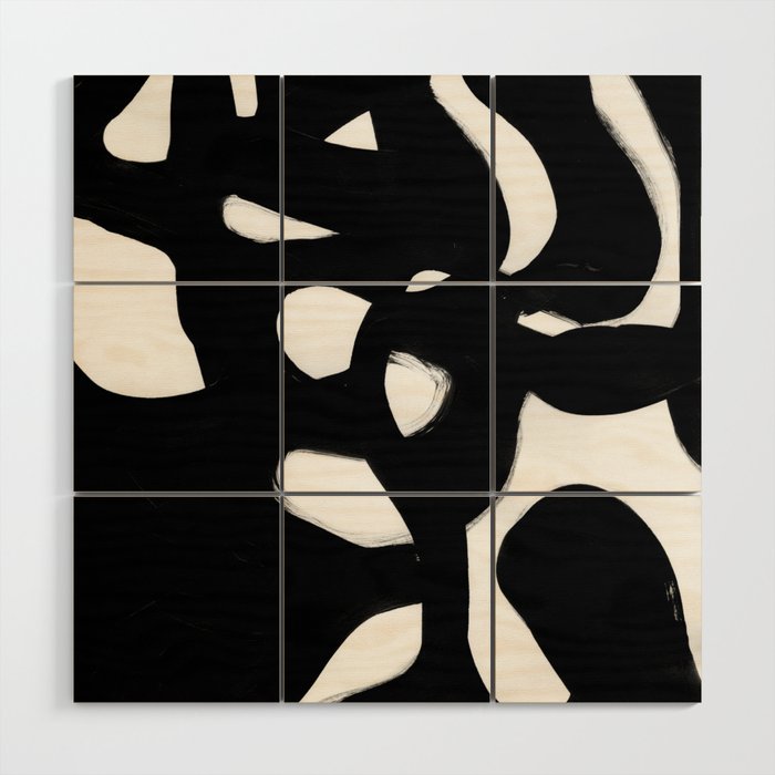 Maze Black & White Minimalist Abstract Mid century Ink Art Dark Brush Strokes Wood Wall Art Gallery Image 1