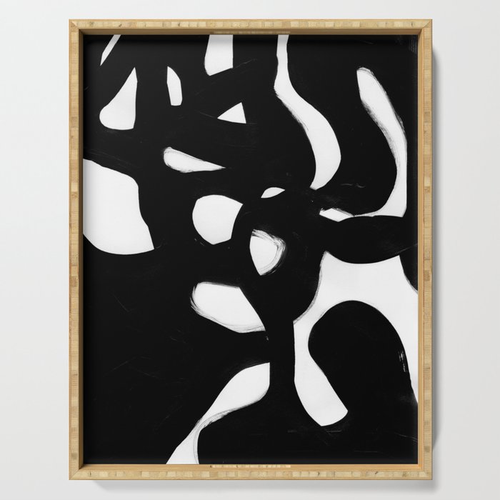 Maze Black & White Minimalist Abstract Mid century Ink Art Dark Brush Strokes Serving Tray Gallery Image 1
