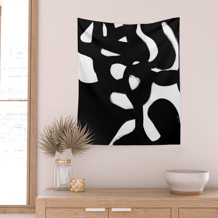 Maze Black & White Minimalist Abstract Mid century Ink Art Dark Brush Strokes Wall Tapestry Gallery Image 2