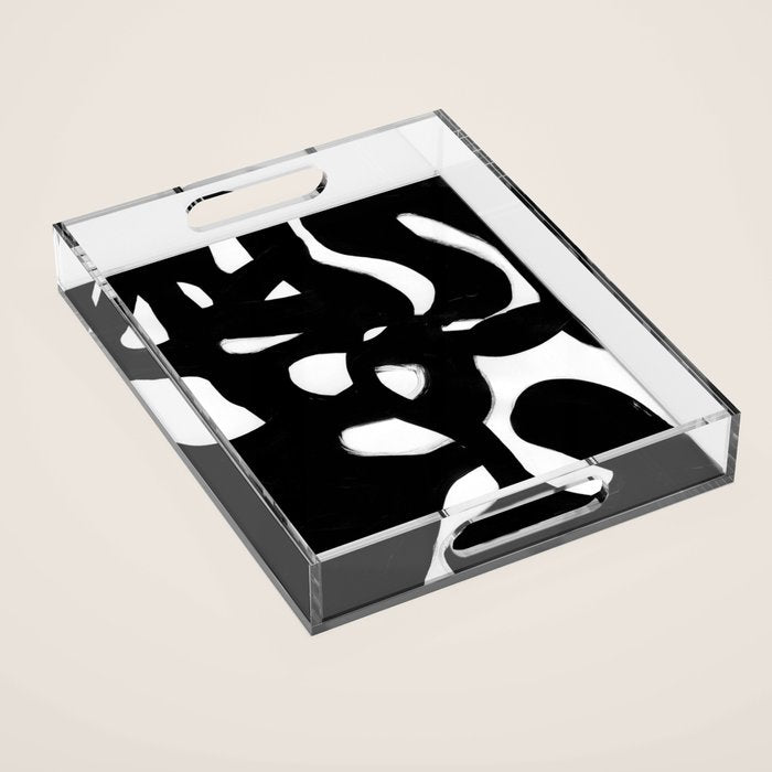 Maze Black & White Minimalist Abstract Mid century Ink Art Dark Brush Strokes Acrylic Tray Gallery Image 1