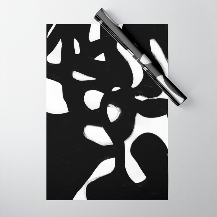 Maze Black & White Minimalist Abstract Mid century Ink Art Dark Brush Strokes Wrapping Paper Gallery Image 1