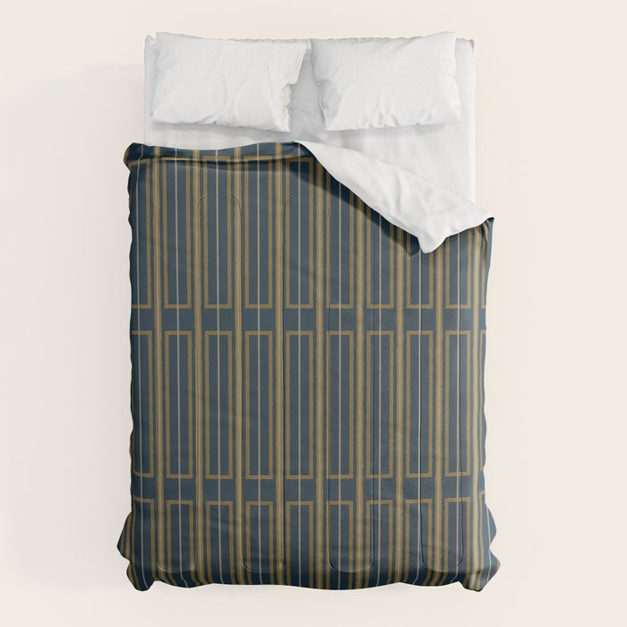 Geometric Minimalist Geo Box Striped Pattern in Navy Blue Mustard Gray Comforter Gallery Image 6