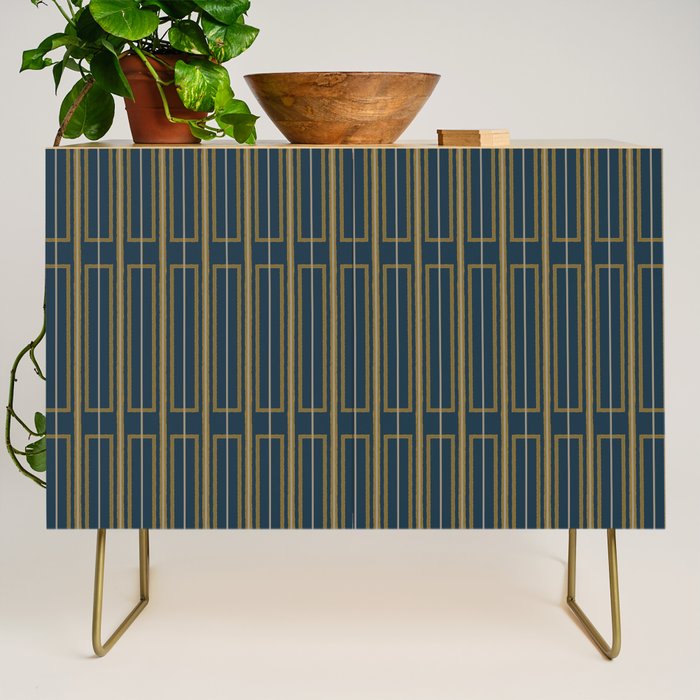 Geometric Minimalist Geo Box Striped Pattern in Navy Blue Mustard Gray Credenza Gallery Image 1