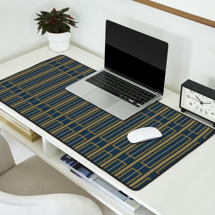 Geometric Minimalist Geo Box Striped Pattern in Navy Blue Mustard Gray Desk Mat Gallery Image 2