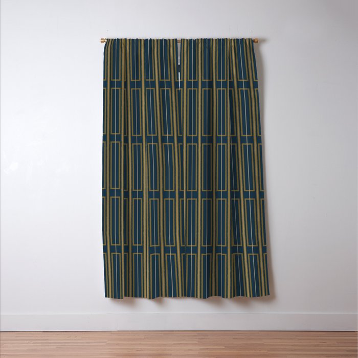 Geometric Minimalist Geo Box Striped Pattern in Navy Blue Mustard Gray Window Curtain Gallery Image 3