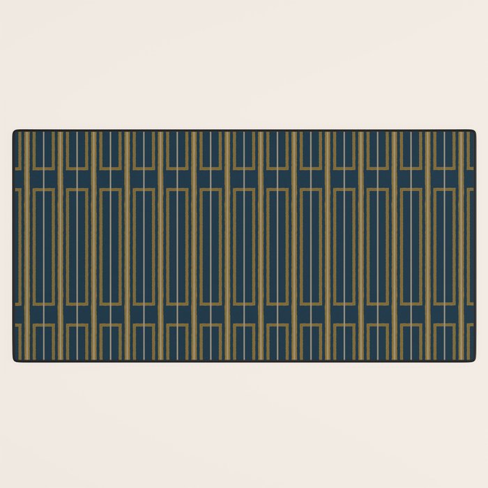 Geometric Minimalist Geo Box Striped Pattern in Navy Blue Mustard Gray Desk Mat Gallery Image 3