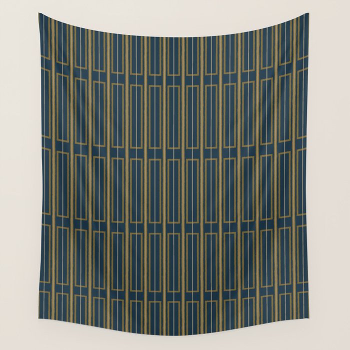 Geometric Minimalist Geo Box Striped Pattern in Navy Blue Mustard Gray Wall Tapestry Gallery Image 4