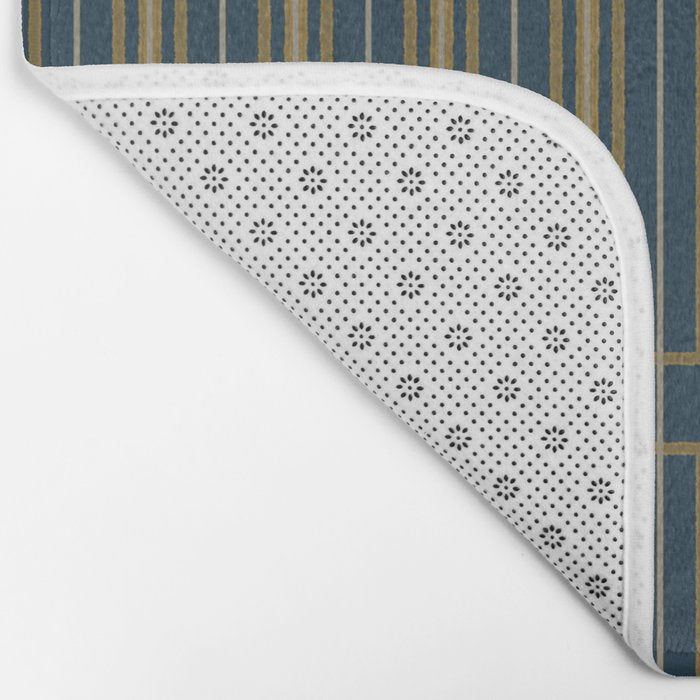Geometric Minimalist Geo Box Striped Pattern in Navy Blue Mustard Gray Bath Mat Gallery Image 2