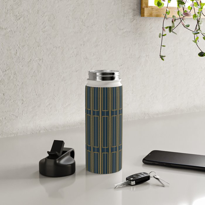 Geometric Minimalist Geo Box Striped Pattern in Navy Blue Mustard Gray Water Bottle Gallery Image 4