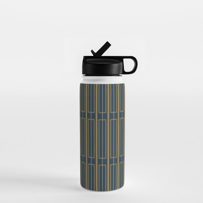 Geometric Minimalist Geo Box Striped Pattern in Navy Blue Mustard Gray Water Bottle Gallery Image 1