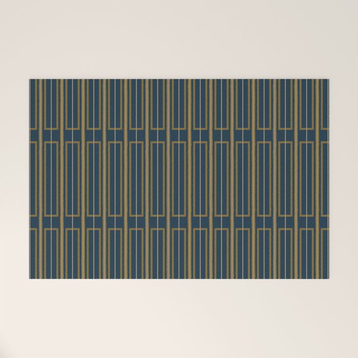 Geometric Minimalist Geo Box Striped Pattern in Navy Blue Mustard Gray Welcome Mat Gallery Image 1