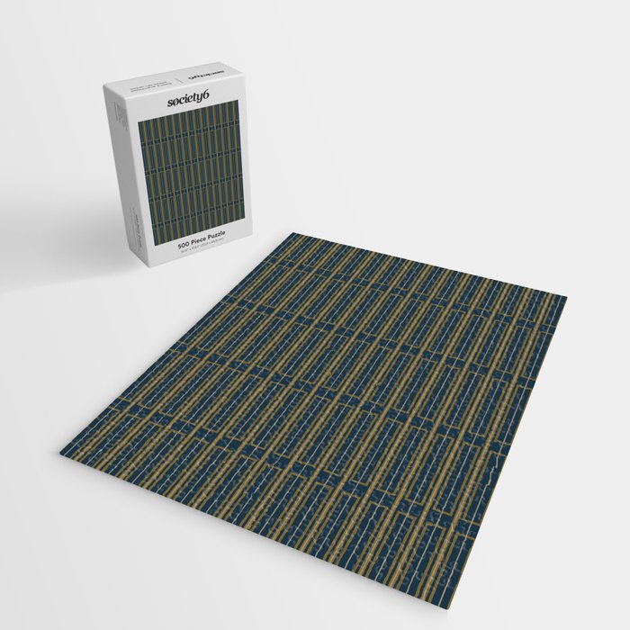 Geometric Minimalist Geo Box Striped Pattern in Navy Blue Mustard Gray Jigsaw Puzzle Gallery Image 2