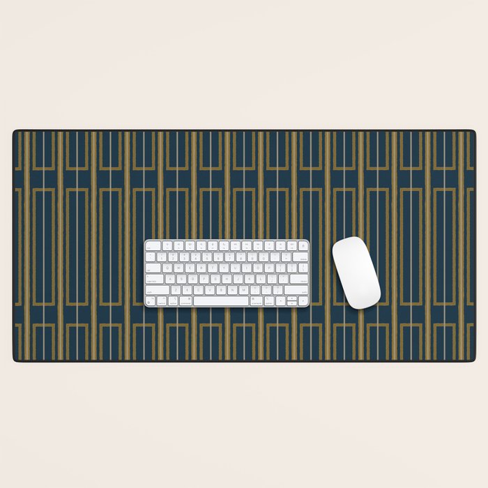 Geometric Minimalist Geo Box Striped Pattern in Navy Blue Mustard Gray Desk Mat Gallery Image 1