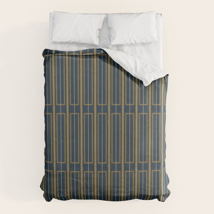 Geometric Minimalist Geo Box Striped Pattern in Navy Blue Mustard Gray Duvet Cover Gallery Image 1