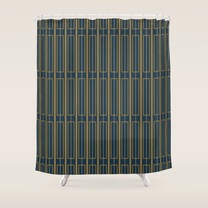 Geometric Minimalist Geo Box Striped Pattern in Navy Blue Mustard Gray Shower Curtain Gallery Image 1