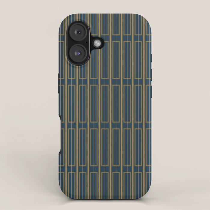 Geometric Minimalist Geo Box Striped Pattern in Navy Blue Mustard Gray iPhone Case Gallery Image 1