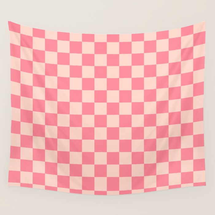 Checkerboard Check Checked Pattern in Pink and Blush Wall Tapestry Gallery Image 4