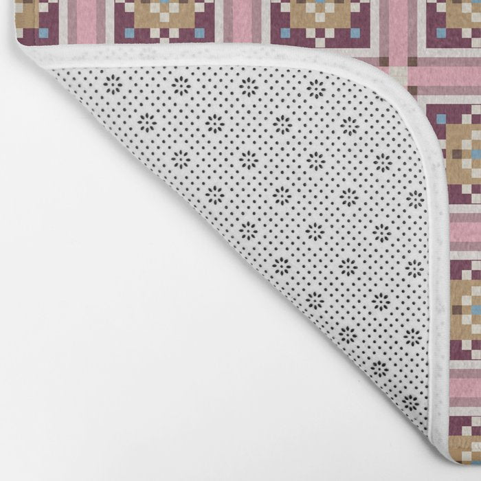 Decorative Tile Grid Pattern Vintage Inspired Geometric in Pink  Burgundy and Gold Bath Mat Gallery Image 2