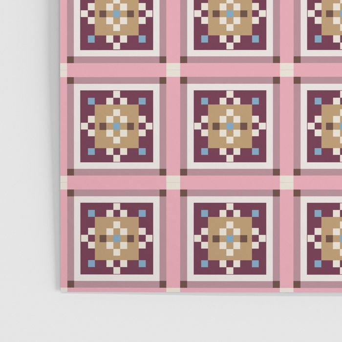 Decorative Tile Grid Pattern Vintage Inspired Geometric in Pink  Burgundy and Gold Poster Gallery Image 3