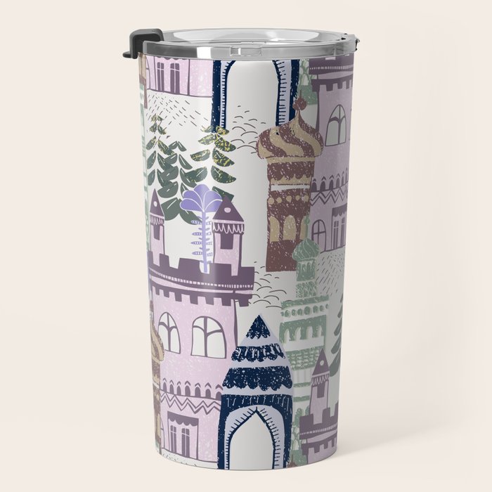 Block print Home pattern lilac Travel Mug Gallery Image 3