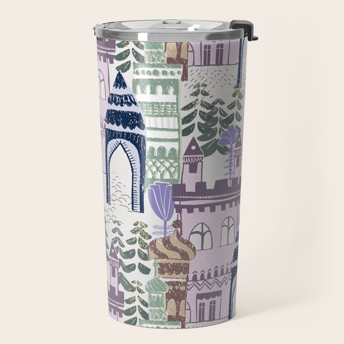 Block print Home pattern lilac Travel Mug Gallery Image 2