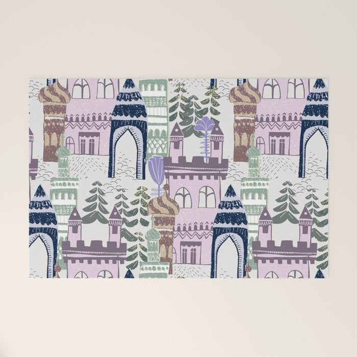 Block print Home pattern lilac Welcome Mat Gallery Image 1