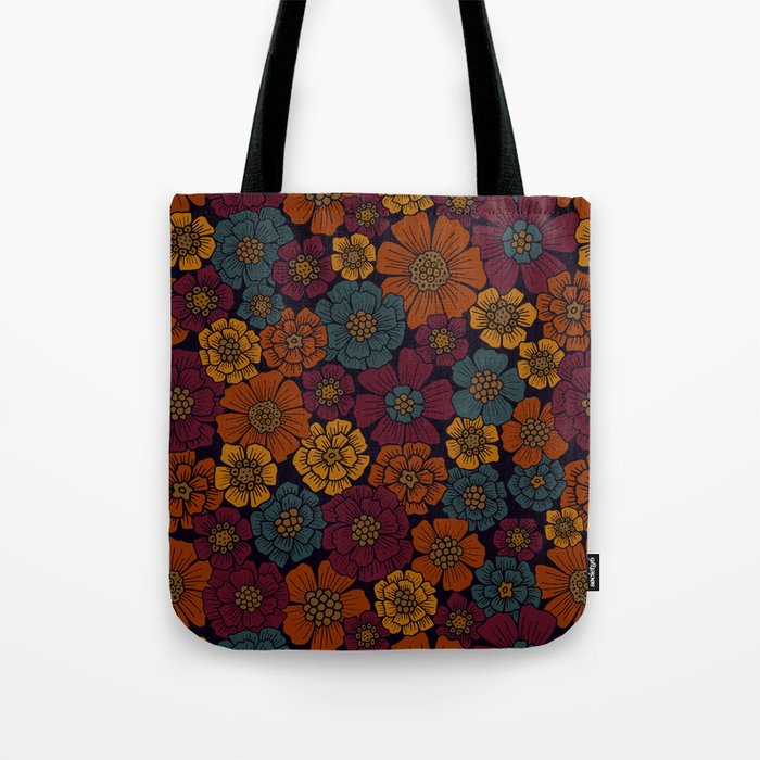 Dark Burgundy, Teal & Mustard Floral Tote Bag Gallery Image 1