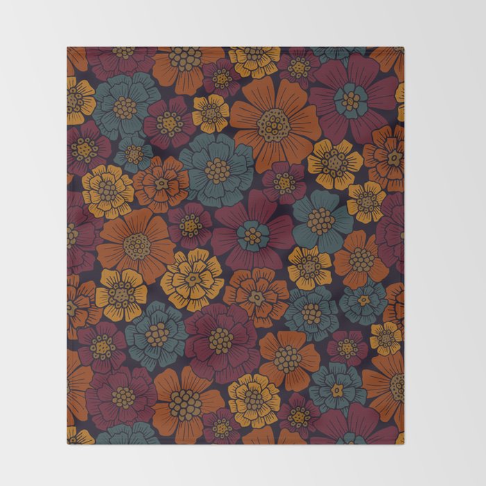 Dark Burgundy, Teal & Mustard Floral Throw Blanket Gallery Image 2