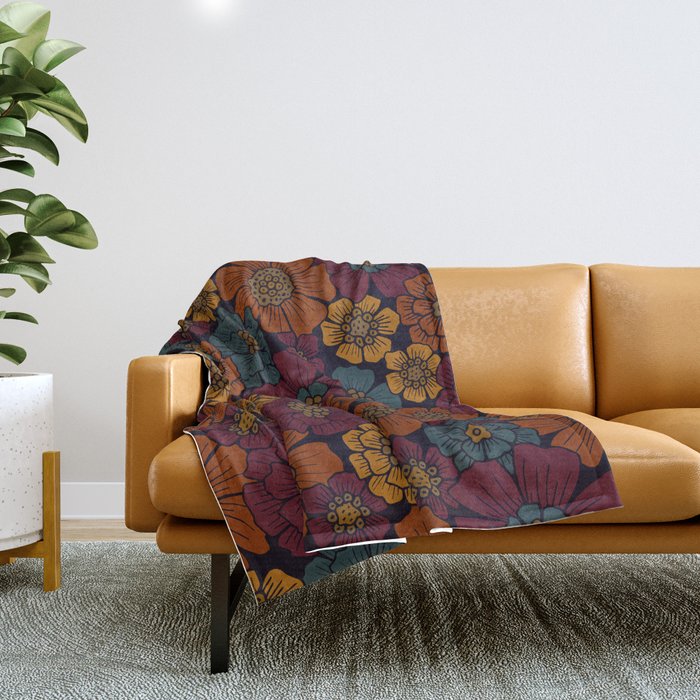 Dark Burgundy, Teal & Mustard Floral Throw Blanket Gallery Image 1
