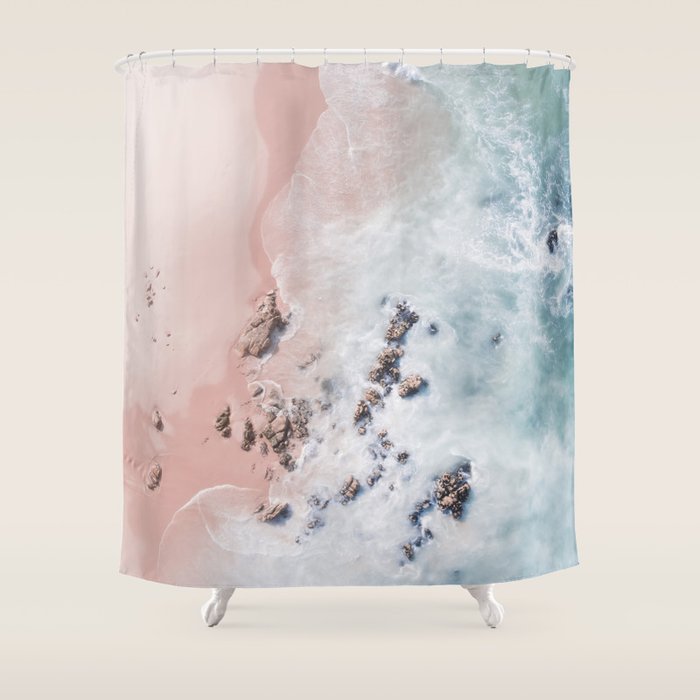 Aerial Beach Print - Pink Sand Beach - Ocean -  Sea Travel photography - Original Sea Bliss Shower Curtain Gallery Image 1