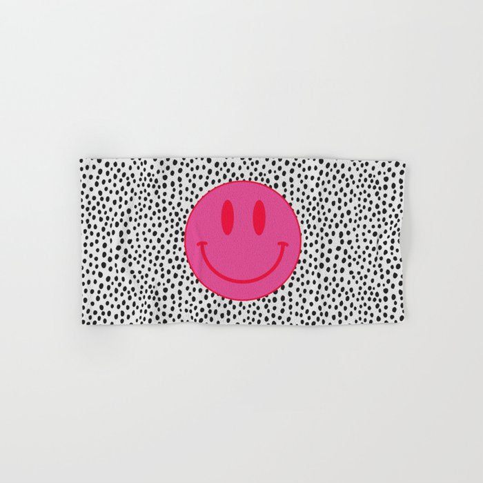 Cute Pink and Red Smiley Face on Black and White Background Bath Towel Gallery Image 1