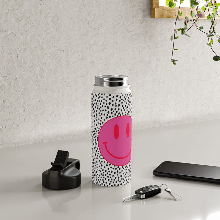 Cute Pink and Red Smiley Face on Black and White Background Water Bottle Gallery Image 4