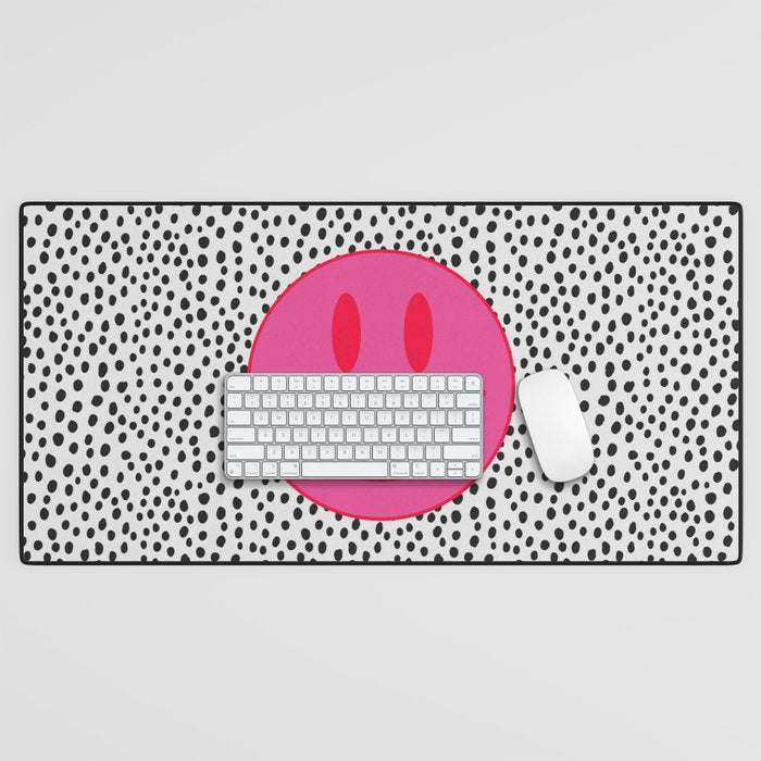 Cute Pink and Red Smiley Face on Black and White Background Desk Mat Gallery Image 1