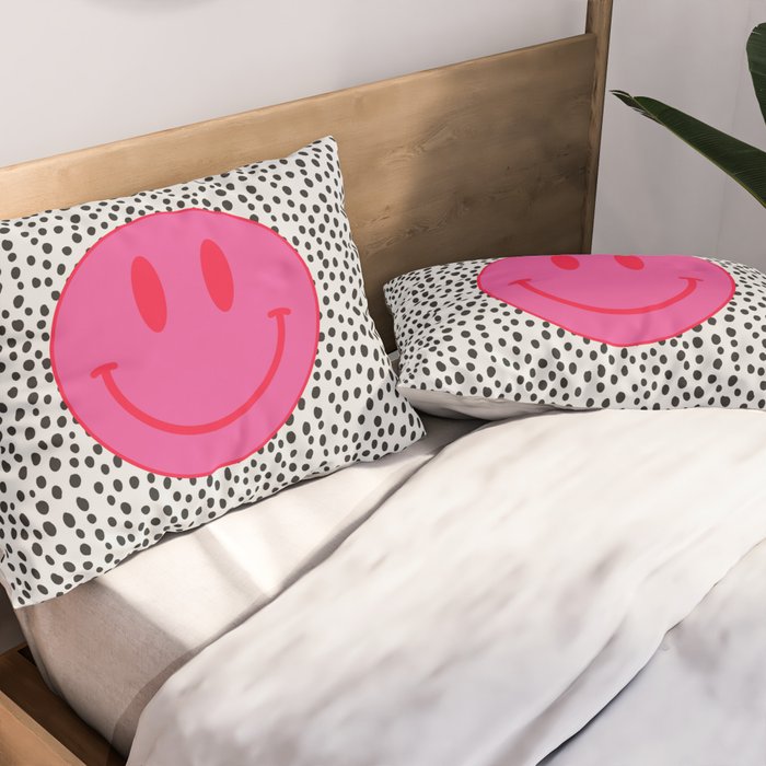 Cute Pink and Red Smiley Face on Black and White Background Pillow Sham Gallery Image 2