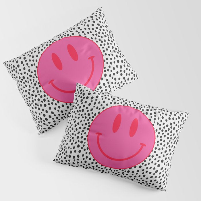 Cute Pink and Red Smiley Face on Black and White Background Pillow Sham Gallery Image 1