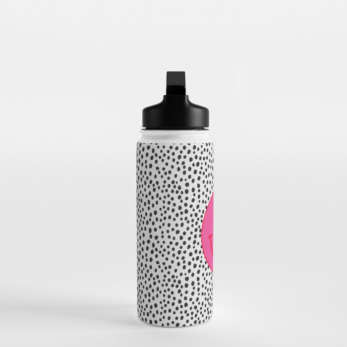 Cute Pink and Red Smiley Face on Black and White Background Water Bottle Gallery Image 3
