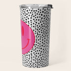 Cute Pink and Red Smiley Face on Black and White Background Travel Mug Gallery Image 2